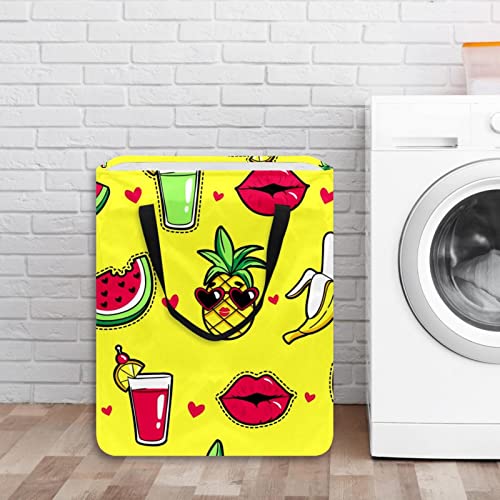 Pineapple Cocktail Watermelon Banana Print Collapsible Laundry Hamper, 60L Waterproof Laundry Baskets Washing Bin Clothes Toys Storage for Dorm Bathroom Bedroom