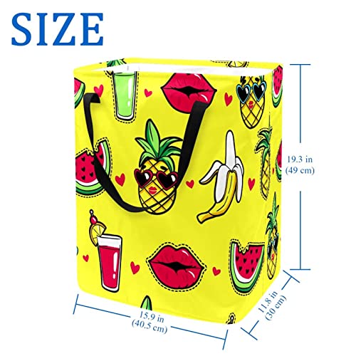 Pineapple Cocktail Watermelon Banana Print Collapsible Laundry Hamper, 60L Waterproof Laundry Baskets Washing Bin Clothes Toys Storage for Dorm Bathroom Bedroom