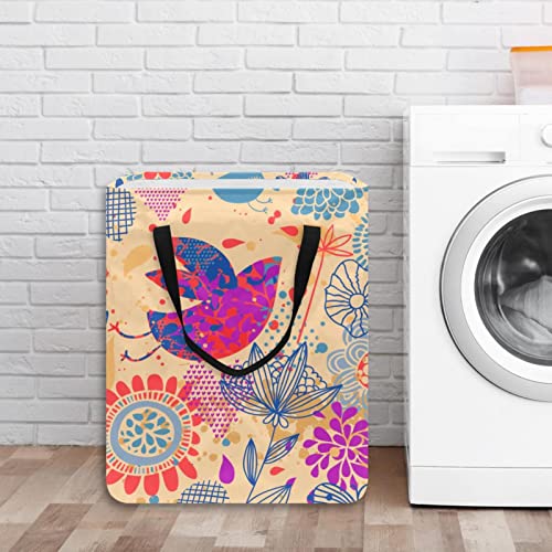 Petal Birds and Flower Print Collapsible Laundry Hamper, 60L Waterproof Laundry Baskets Washing Bin Clothes Toys Storage for Dorm Bathroom Bedroom