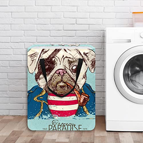 Pirate Pug Dog Print Collapsible Laundry Hamper, 60L Waterproof Laundry Baskets Washing Bin Clothes Toys Storage for Dorm Bathroom Bedroom