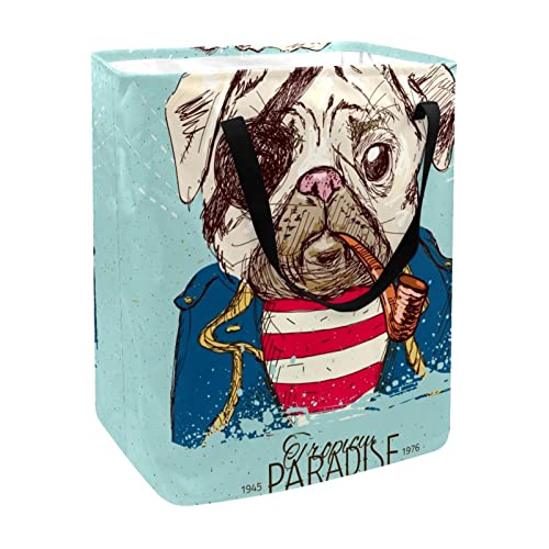 Pirate Pug Dog Print Collapsible Laundry Hamper, 60L Waterproof Laundry Baskets Washing Bin Clothes Toys Storage for Dorm Bathroom Bedroom