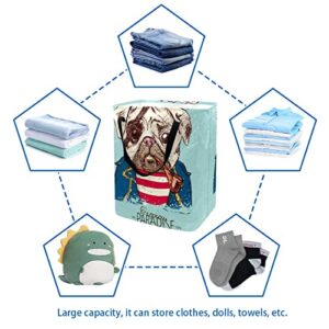 Pirate Pug Dog Print Collapsible Laundry Hamper, 60L Waterproof Laundry Baskets Washing Bin Clothes Toys Storage for Dorm Bathroom Bedroom
