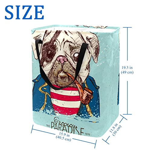 Pirate Pug Dog Print Collapsible Laundry Hamper, 60L Waterproof Laundry Baskets Washing Bin Clothes Toys Storage for Dorm Bathroom Bedroom