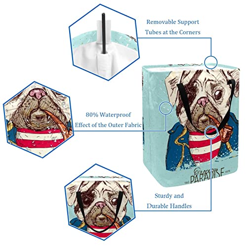 Pirate Pug Dog Print Collapsible Laundry Hamper, 60L Waterproof Laundry Baskets Washing Bin Clothes Toys Storage for Dorm Bathroom Bedroom