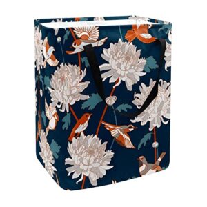 flying birds on chrysanthemum print collapsible laundry hamper, 60l waterproof laundry baskets washing bin clothes toys storage for dorm bathroom bedroom