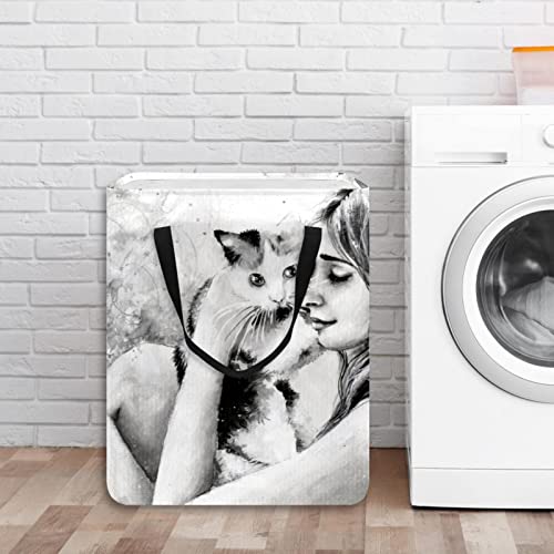 Beauty Girl and Cat Print Collapsible Laundry Hamper, 60L Waterproof Laundry Baskets Washing Bin Clothes Toys Storage for Dorm Bathroom Bedroom