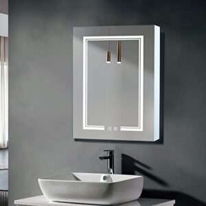 fch 20 inch bathroom wall cabinet with dimmable led mirror, anti-fog led lighted mirror medicine cabinet over the toilet storage with 2 outlets 2 usb ports inside and outside mirror single door