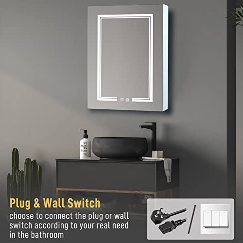 FCH 20 Inch Bathroom Wall Cabinet with Dimmable LED Mirror, Anti-Fog LED Lighted Mirror Medicine Cabinet Over The Toilet Storage with 2 Outlets 2 USB Ports Inside and Outside Mirror Single Door