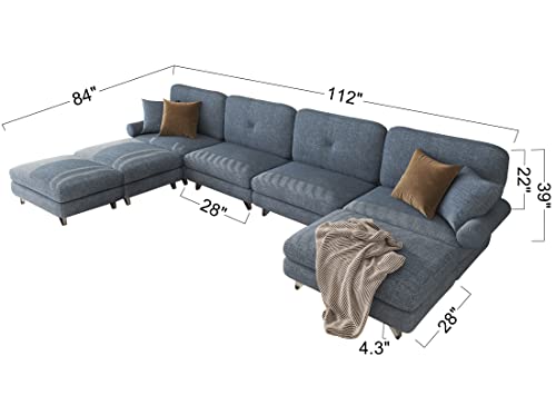 HOMERILLA Sectional Sofa, Modular Sofa, Modern Loveseat Living Room Seater Sofa with Armrest, Sleeper Bed Couch, Washable U-Shape Sofa, L-Shape Sofa with Ottomans, 7-Seat Sofa, Denim Blue