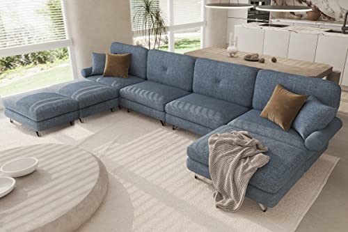 HOMERILLA Sectional Sofa, Modular Sofa, Modern Loveseat Living Room Seater Sofa with Armrest, Sleeper Bed Couch, Washable U-Shape Sofa, L-Shape Sofa with Ottomans, 7-Seat Sofa, Denim Blue