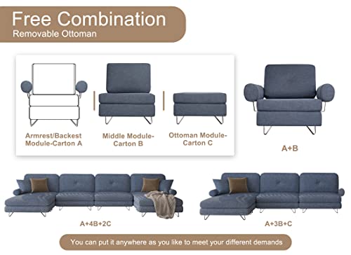 HOMERILLA Sectional Sofa, Modular Sofa, Modern Loveseat Living Room Seater Sofa with Armrest, Sleeper Bed Couch, Washable U-Shape Sofa, L-Shape Sofa with Ottomans, 7-Seat Sofa, Denim Blue