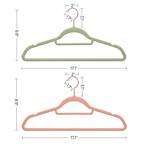 SONGMICS Velvet Hangers Bundle, Set of 50 with Set of 50, Clothes Hanger with Rose Gold Swivel Hook, Non-Slip, and Space-Saving, 0.2-Inch Thick, Pale Green and Light Pink, UCRF021GR50 and UCRF21PK50