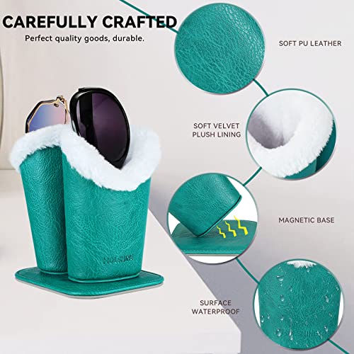 molshine Soft Plush Lining Double Upright Eyeglasses Holder with Magnetic Base Spectacles Stand Glasses Case on Nightstand-(Cedar Green)