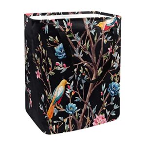 retro birds on tree print collapsible laundry hamper, 60l waterproof laundry baskets washing bin clothes toys storage for dorm bathroom bedroom