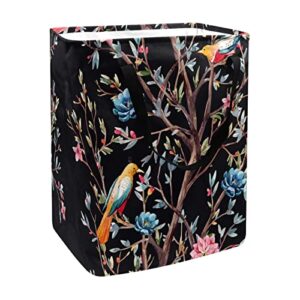 Retro Birds on Tree Print Collapsible Laundry Hamper, 60L Waterproof Laundry Baskets Washing Bin Clothes Toys Storage for Dorm Bathroom Bedroom