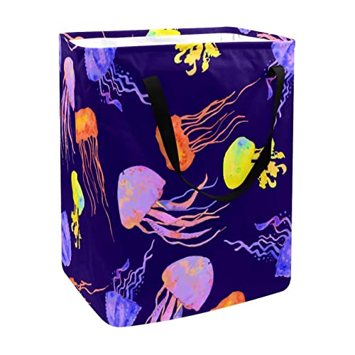 Colorful Jellyfish Sealife Print Collapsible Laundry Hamper, 60L Waterproof Laundry Baskets Washing Bin Clothes Toys Storage for Dorm Bathroom Bedroom