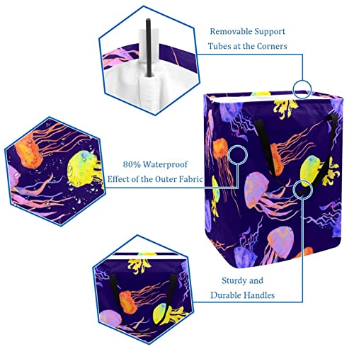 Colorful Jellyfish Sealife Print Collapsible Laundry Hamper, 60L Waterproof Laundry Baskets Washing Bin Clothes Toys Storage for Dorm Bathroom Bedroom