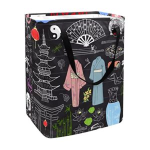 japanese cultures print collapsible laundry hamper, 60l waterproof laundry baskets washing bin clothes toys storage for dorm bathroom bedroom