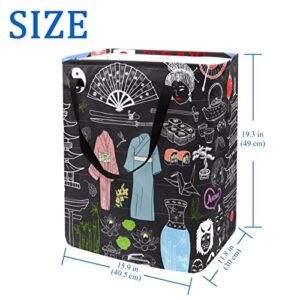 Japanese Cultures Print Collapsible Laundry Hamper, 60L Waterproof Laundry Baskets Washing Bin Clothes Toys Storage for Dorm Bathroom Bedroom