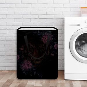 Embroidery Tiger with Flowers Leaves Print Collapsible Laundry Hamper, 60L Waterproof Laundry Baskets Washing Bin Clothes Toys Storage for Dorm Bathroom Bedroom