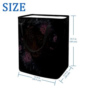 Embroidery Tiger with Flowers Leaves Print Collapsible Laundry Hamper, 60L Waterproof Laundry Baskets Washing Bin Clothes Toys Storage for Dorm Bathroom Bedroom