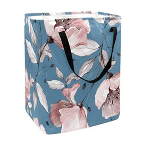 blossom flower in blue print collapsible laundry hamper, 60l waterproof laundry baskets washing bin clothes toys storage for dorm bathroom bedroom