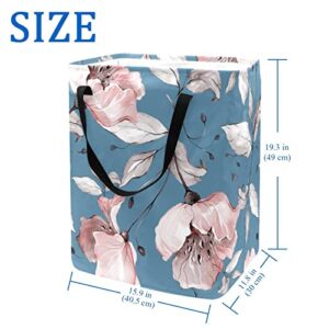 Blossom Flower in Blue Print Collapsible Laundry Hamper, 60L Waterproof Laundry Baskets Washing Bin Clothes Toys Storage for Dorm Bathroom Bedroom