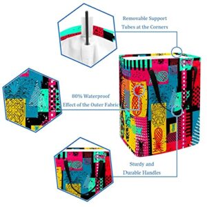 Exotic Summer Colorful Pneapples Geometric Pattern Print Collapsible Laundry Hamper, 60L Waterproof Laundry Baskets Washing Bin Clothes Toys Storage for Dorm Bathroom Bedroom