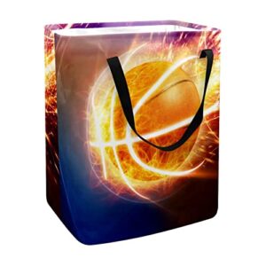 burning basketball glowing lights print collapsible laundry hamper, 60l waterproof laundry baskets washing bin clothes toys storage for dorm bathroom bedroom