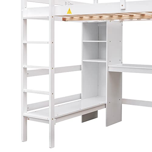 Harper & Bright Designs Full Size Loft Bed with Desk and Storage Shelves, Solid Wood Loft Bed Frame for Kids Teens Adults (Full Size, White)