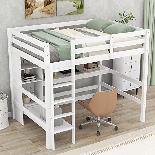 Harper & Bright Designs Full Size Loft Bed with Desk and Storage Shelves, Solid Wood Loft Bed Frame for Kids Teens Adults (Full Size, White)