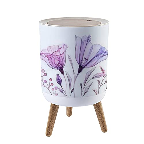 Round Trash Can with Press Lid Floral artwork purple Watercolor Hand painted bouquet transparent Small Garbage Can Trash Bin Dog-proof Trash Can Wooden Legs Waste Bin Wastebasket 7L/1.8 Gallon