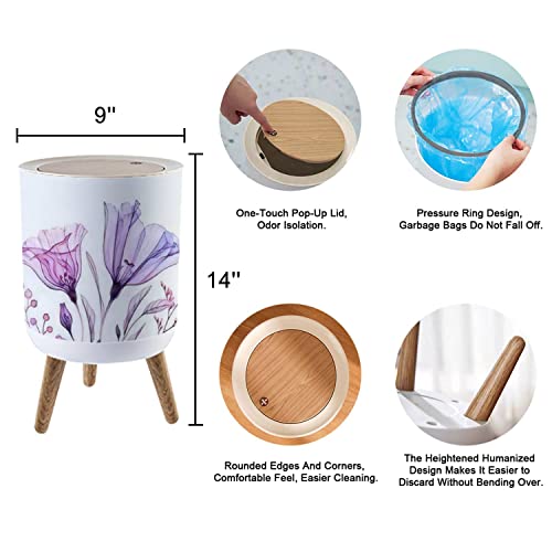 Round Trash Can with Press Lid Floral artwork purple Watercolor Hand painted bouquet transparent Small Garbage Can Trash Bin Dog-proof Trash Can Wooden Legs Waste Bin Wastebasket 7L/1.8 Gallon