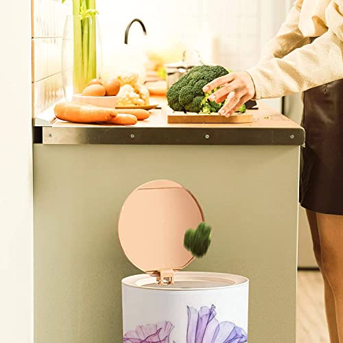 Round Trash Can with Press Lid Floral artwork purple Watercolor Hand painted bouquet transparent Small Garbage Can Trash Bin Dog-proof Trash Can Wooden Legs Waste Bin Wastebasket 7L/1.8 Gallon