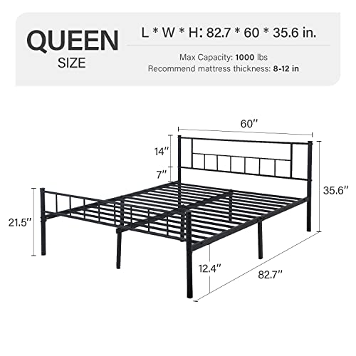 Metal Platform Bed Frame Queen Mattress Foundation Heavy-Duty Steel Slat Noise-Free Support with Headboard & Foot Board NO Boxing Spring Needed Under-Bed Storage Easy Assembly, Queen