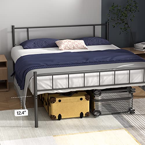 Metal Platform Bed Frame Queen Mattress Foundation Heavy-Duty Steel Slat Noise-Free Support with Headboard & Foot Board NO Boxing Spring Needed Under-Bed Storage Easy Assembly, Queen