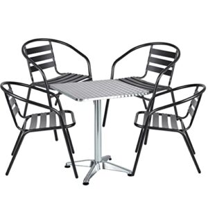 btexpert indoor outdoor 23.75" restaurant stainless steel metal aluminum slat stack commercial lightweight, 4 chairs with a square table, silver/black