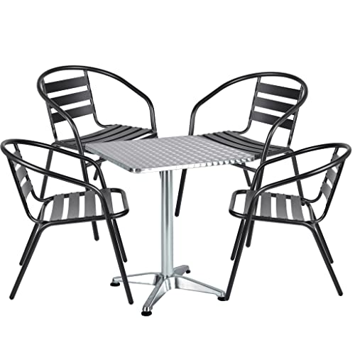 BTEXPERT Indoor Outdoor 23.75" Restaurant Stainless Steel Metal Aluminum Slat Stack Commercial Lightweight, 4 Chairs with a Square Table, Silver/Black