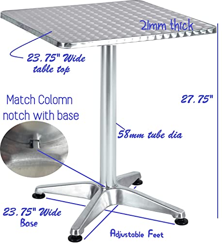 BTEXPERT Indoor Outdoor 23.75" Restaurant Stainless Steel Metal Aluminum Slat Stack Commercial Lightweight, 4 Chairs with a Square Table, Silver/Black