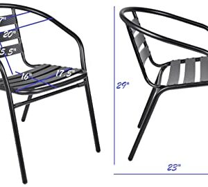 BTEXPERT Indoor Outdoor 23.75" Restaurant Stainless Steel Metal Aluminum Slat Stack Commercial Lightweight, 4 Chairs with a Square Table, Silver/Black