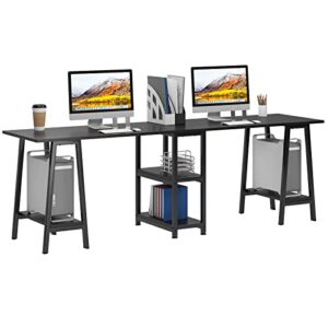 soges double computer desk, 94.5 inch two person desk, dual desk for home office, long writing desk workstation with storage shelves, black