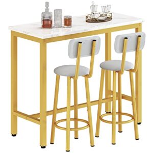 awqm bar table set of 2,39.3" faux marble table top & 2 pu upholstered stools with backrest,3 piece industrial pub height table set,for living room,kitchen,bar,white & gold & grey