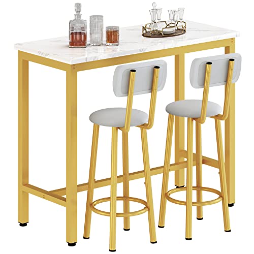 AWQM Bar Table Set of 2,39.3" Faux Marble Table Top & 2 PU Upholstered Stools with Backrest,3 Piece Industrial Pub Height Table Set,for Living Room,Kitchen,Bar,White & Gold & Grey