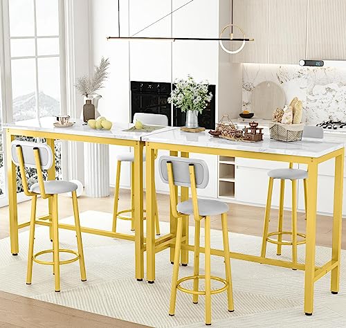 AWQM Bar Table Set of 2,39.3" Faux Marble Table Top & 2 PU Upholstered Stools with Backrest,3 Piece Industrial Pub Height Table Set,for Living Room,Kitchen,Bar,White & Gold & Grey