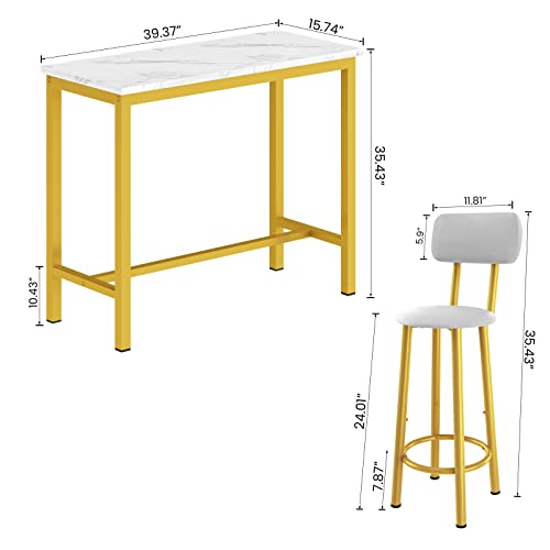 AWQM Bar Table Set of 2,39.3" Faux Marble Table Top & 2 PU Upholstered Stools with Backrest,3 Piece Industrial Pub Height Table Set,for Living Room,Kitchen,Bar,White & Gold & Grey