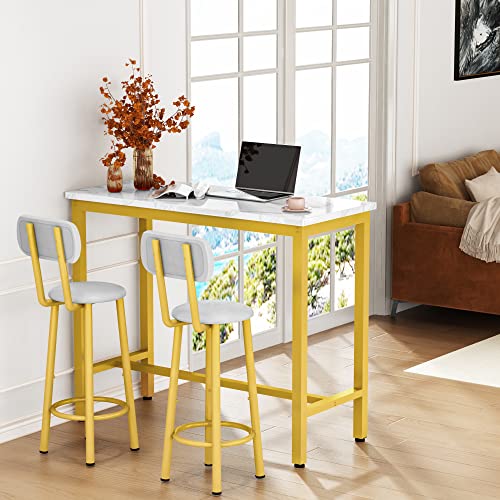 AWQM Bar Table Set of 2,39.3" Faux Marble Table Top & 2 PU Upholstered Stools with Backrest,3 Piece Industrial Pub Height Table Set,for Living Room,Kitchen,Bar,White & Gold & Grey