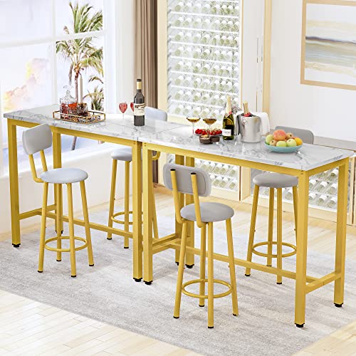 AWQM Bar Table Set of 2,39.3" Faux Marble Table Top & 2 PU Upholstered Stools with Backrest,3 Piece Industrial Pub Height Table Set,for Living Room,Kitchen,Bar,White & Gold & Grey