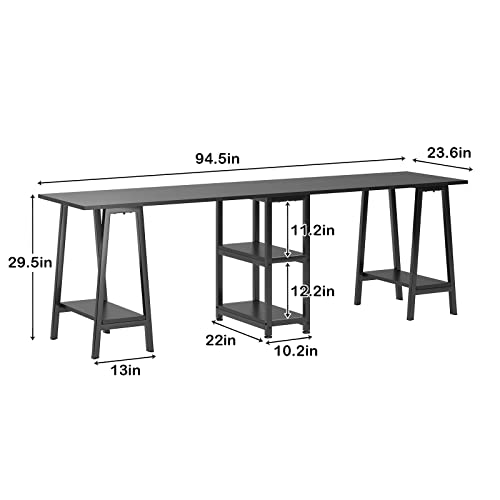 sogesfurniture Two Person Desk, 94.5” Double Computer Desk with Open Storage Shelf, Double Gaming Computer Desk, Extra Long Table, Writing Study Desk, Black