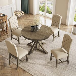 Bellemave 5-Piece Round Dining Table Set Wood Extendable Counter Dining Table with 4 Upholstered Chairs Retro & Functional Dining Set of 4 People for Kitchen, Dinning Room (Natural Wood Wash)
