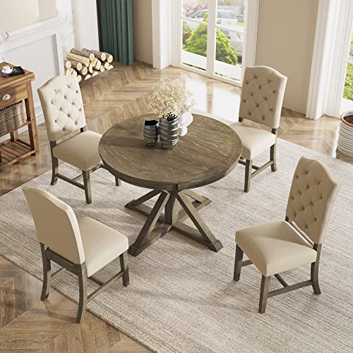 Bellemave 5-Piece Round Dining Table Set Wood Extendable Counter Dining Table with 4 Upholstered Chairs Retro & Functional Dining Set of 4 People for Kitchen, Dinning Room (Natural Wood Wash)